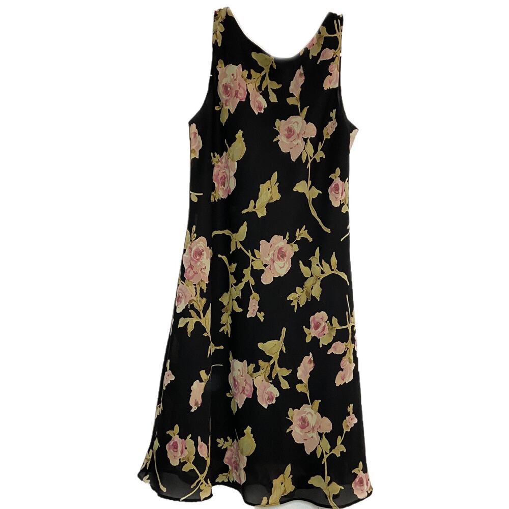 Vintage Alyn Paige Dress 90s Chiffon Tank Shift Made in USA Floral Black 7/8